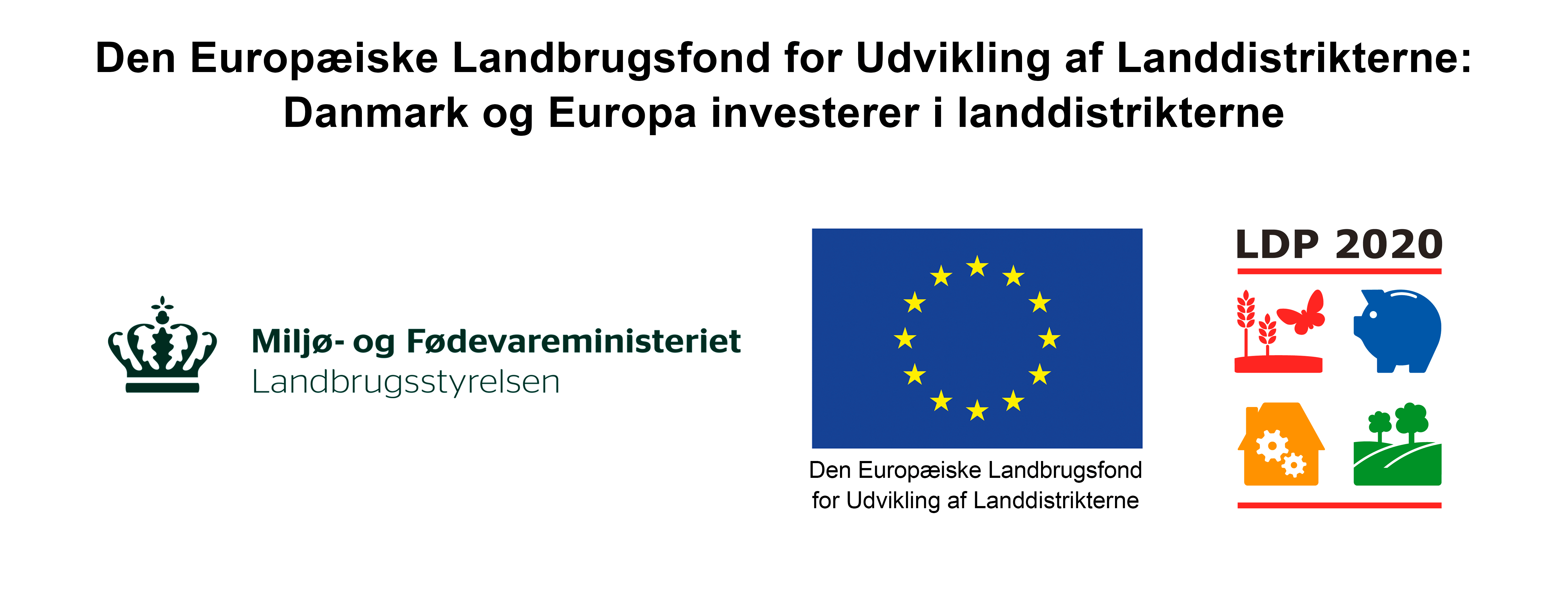 Billedet viser at Projekterne har fået tilskud fra EU via Den Europæiske Landbrugsfond for Udvikling af Landdistrikterne og Miljø- og Fødevareministeriet